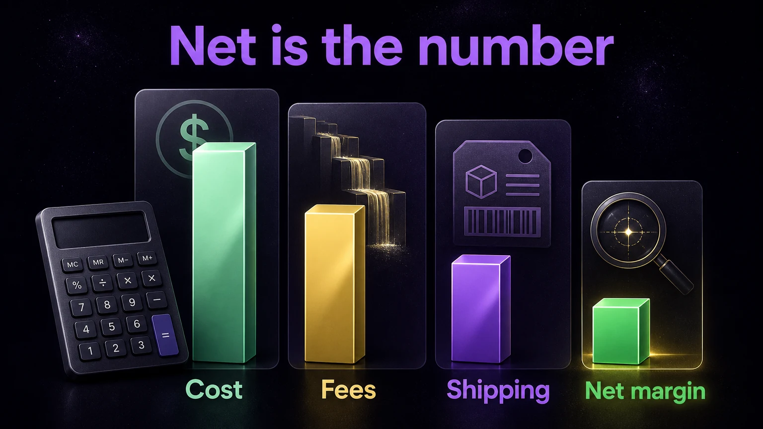 Cost, fees, shipping, tax, and net margin waterfall infographic