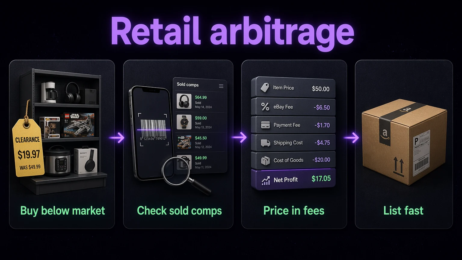 Workflow for sourcing, checking comps, pricing fees, and listing